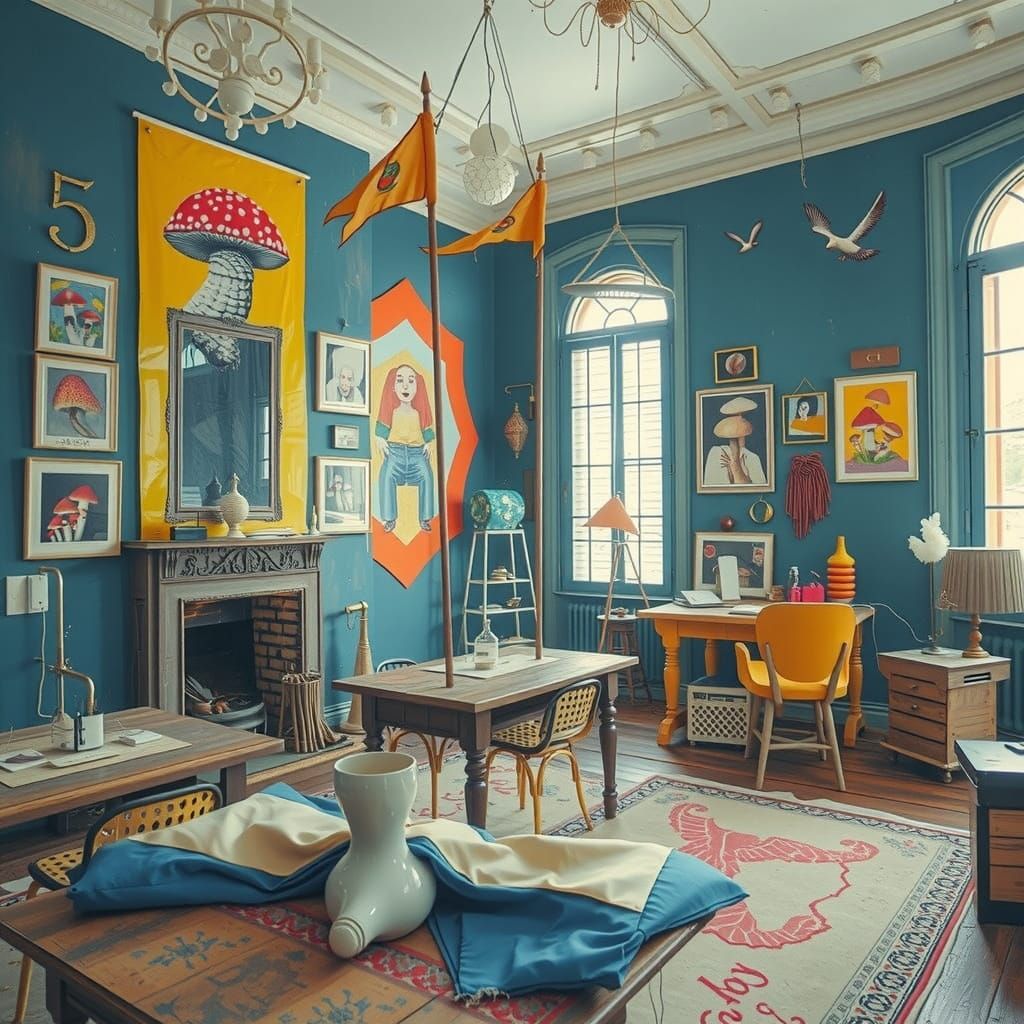 Surreal Brutalist Bungalow with Mushroom Flags