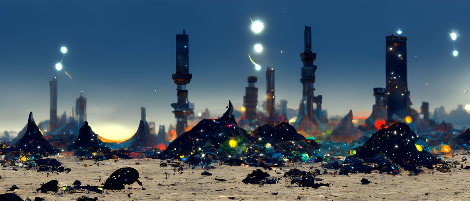 Starry Celestial Wasteland with Towers of Trash
