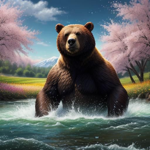 Hyperrealistic Bear in Springtime Flower Field