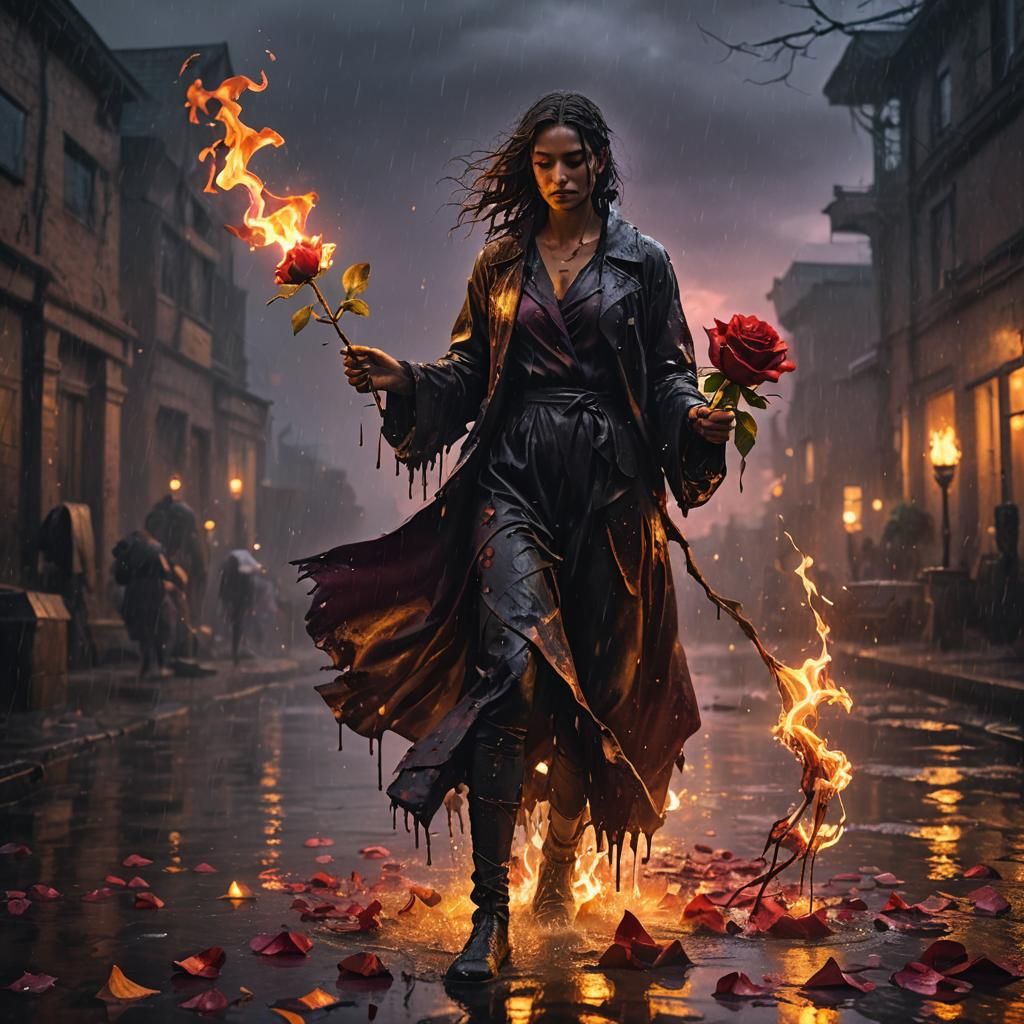 Drenched Figure with Burning Rose: Dark Fantasy Art