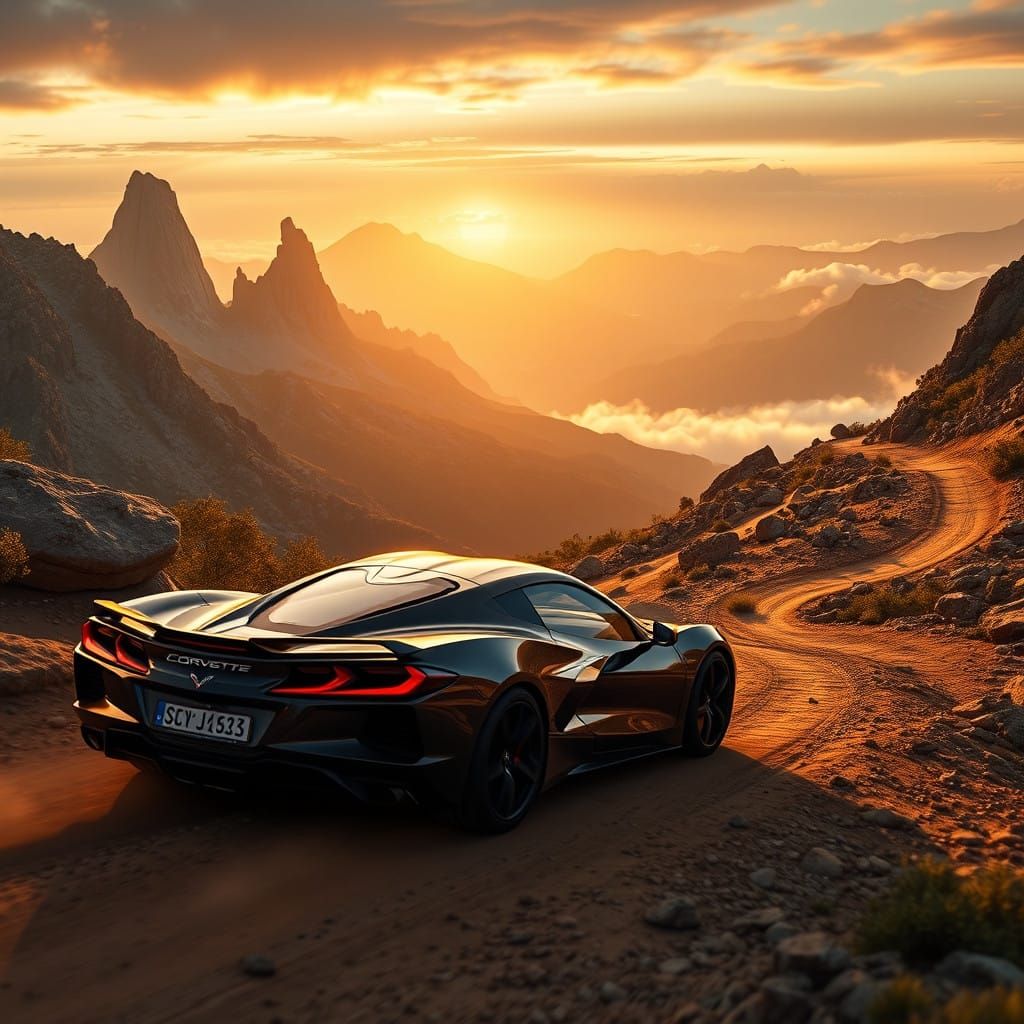 Cyberpunk Corvette C8 Speeds Down Majestic Mountain Offroad....
