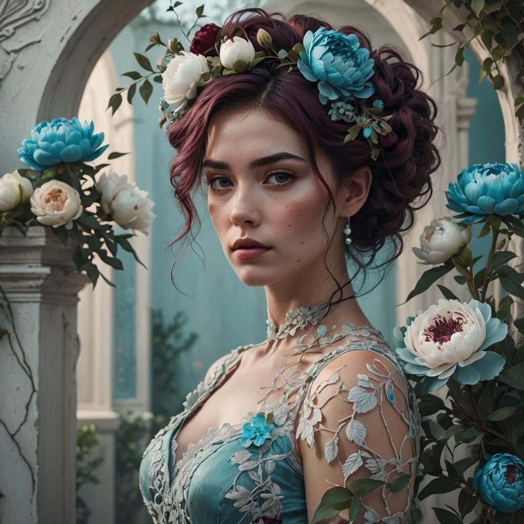 Woman with Flowers: Hyper-Realistic Surreal Photograph