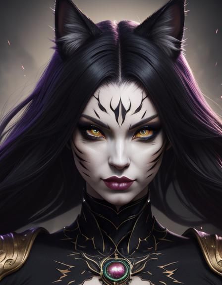 A cat woman with cat head,face and eyes dressed in extravaga...