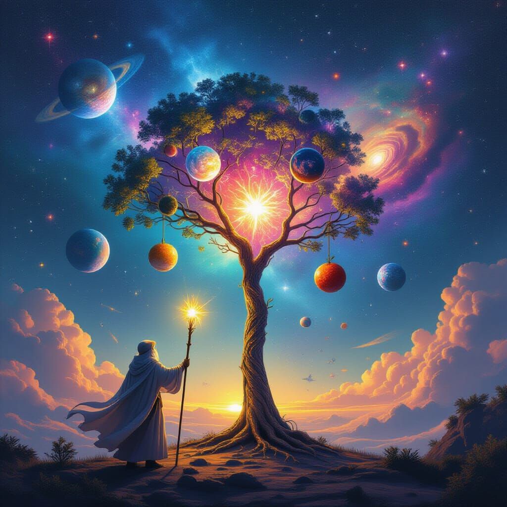 Wizard Astronaut Plants Galaxy-Tree in Fusion Surrealism