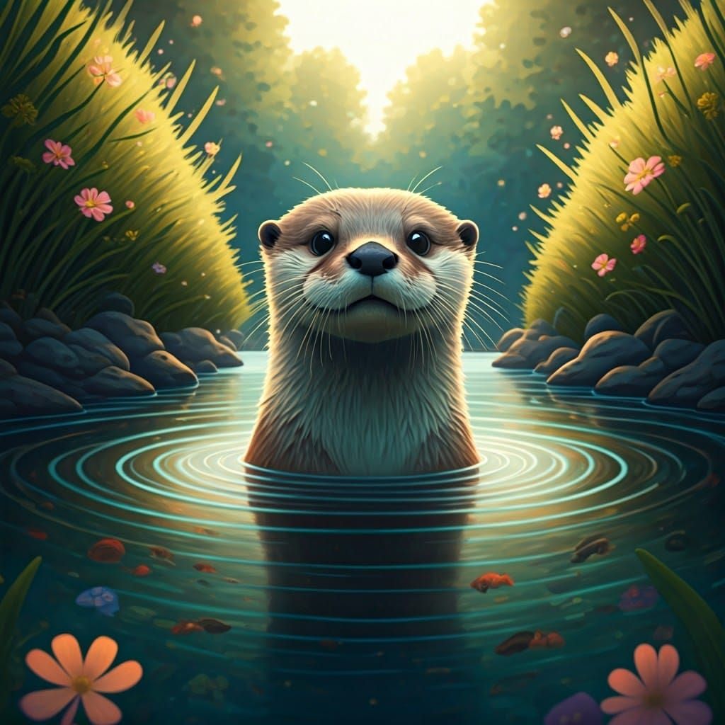 Whimsical Otter in Enchanted River Landscape