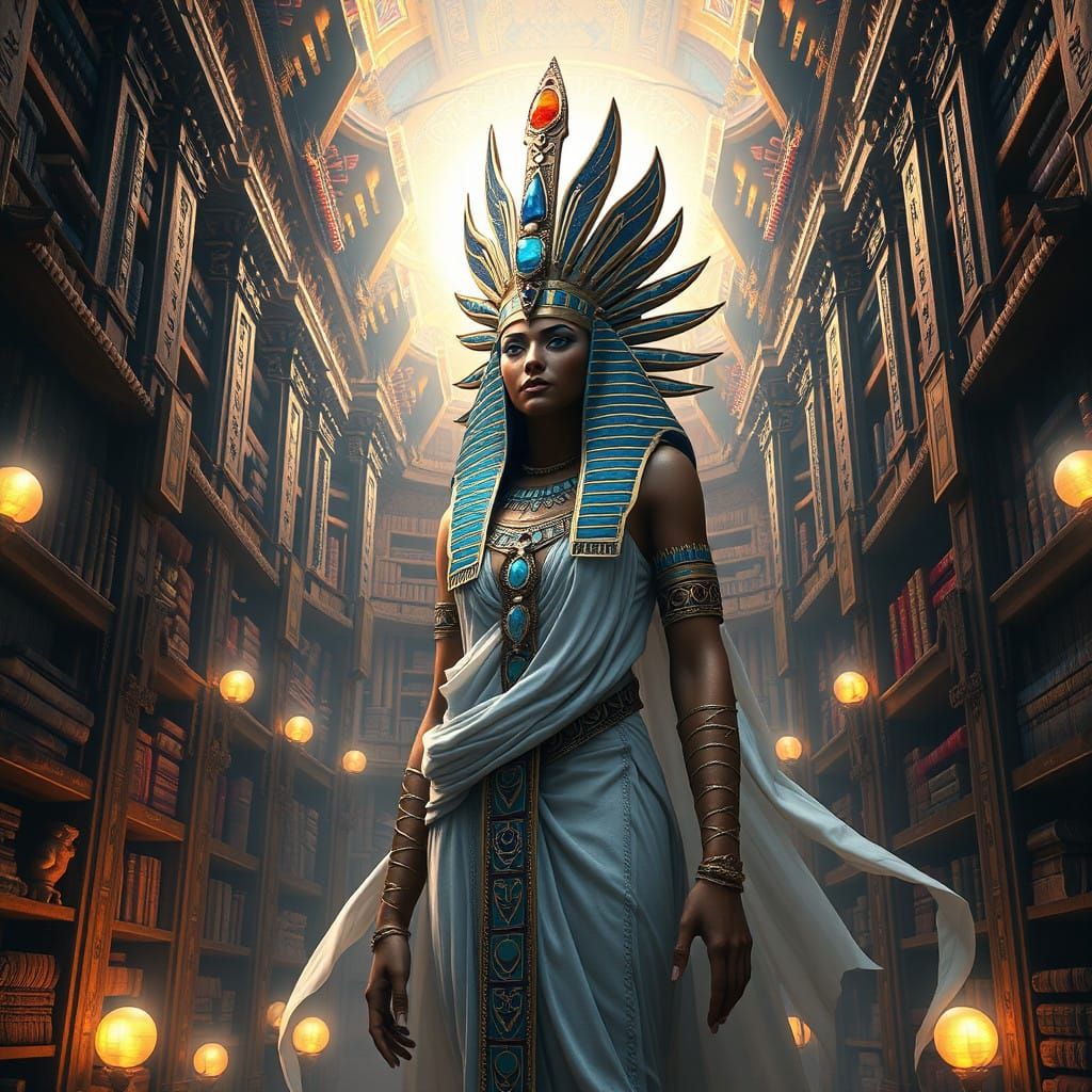 Egyptian Goddess of Wisdom in Ancient Library