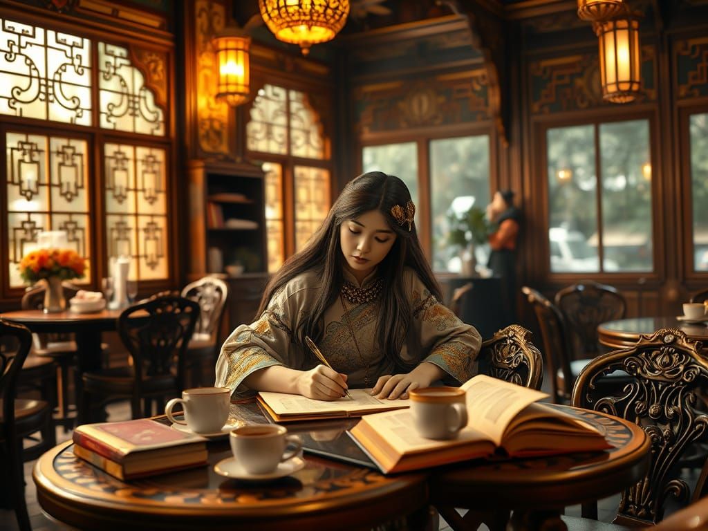 Thai Coffee Shop Fantasy Scene in Whimsical Art Style