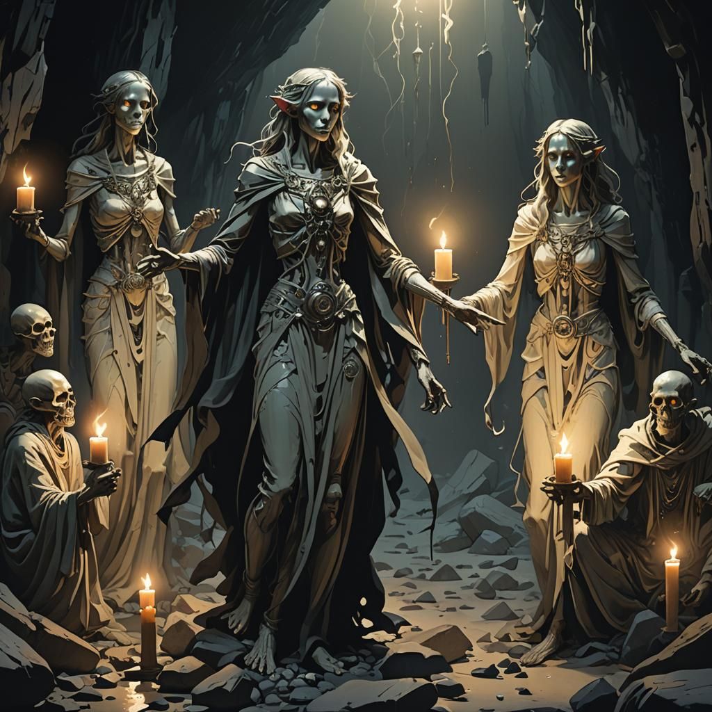 Pale Humanoids Levitating Rocks in Dark Fantasy Chamber