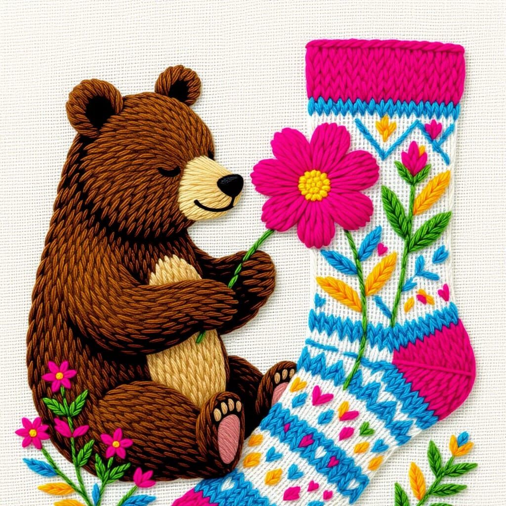 Embroidered Bear Sniffs Flower on Socks, Whimsical Illustrat...