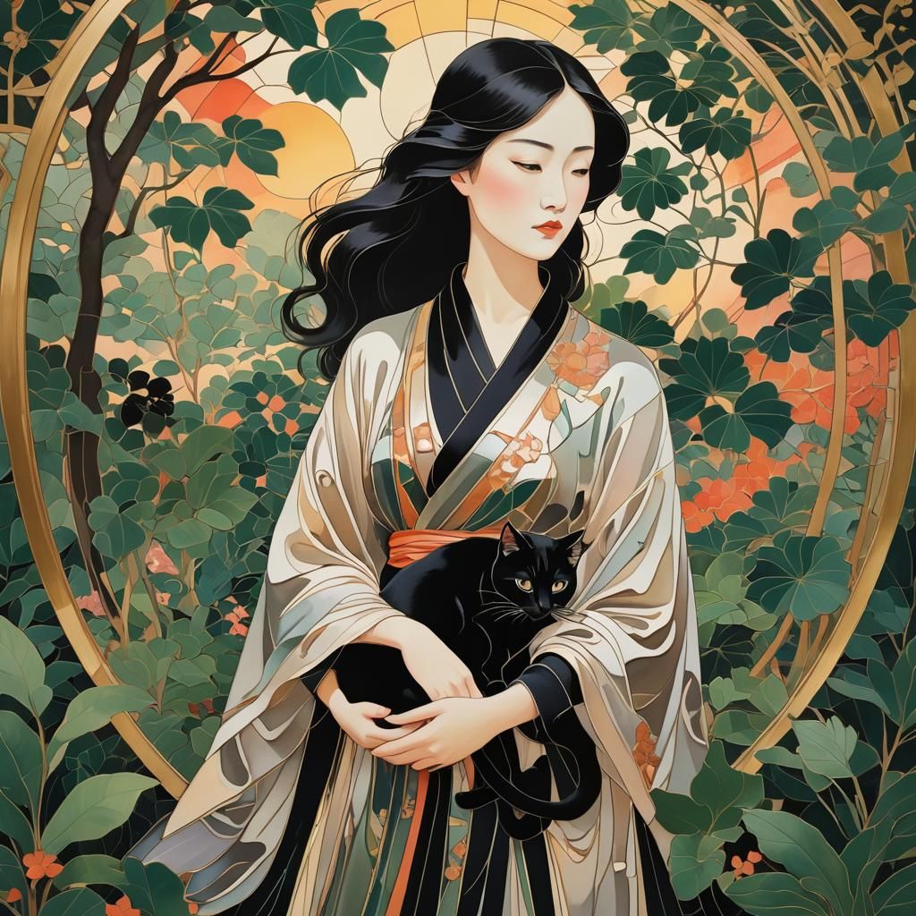 Elegant Lady with Cat in Art Nouveau Style