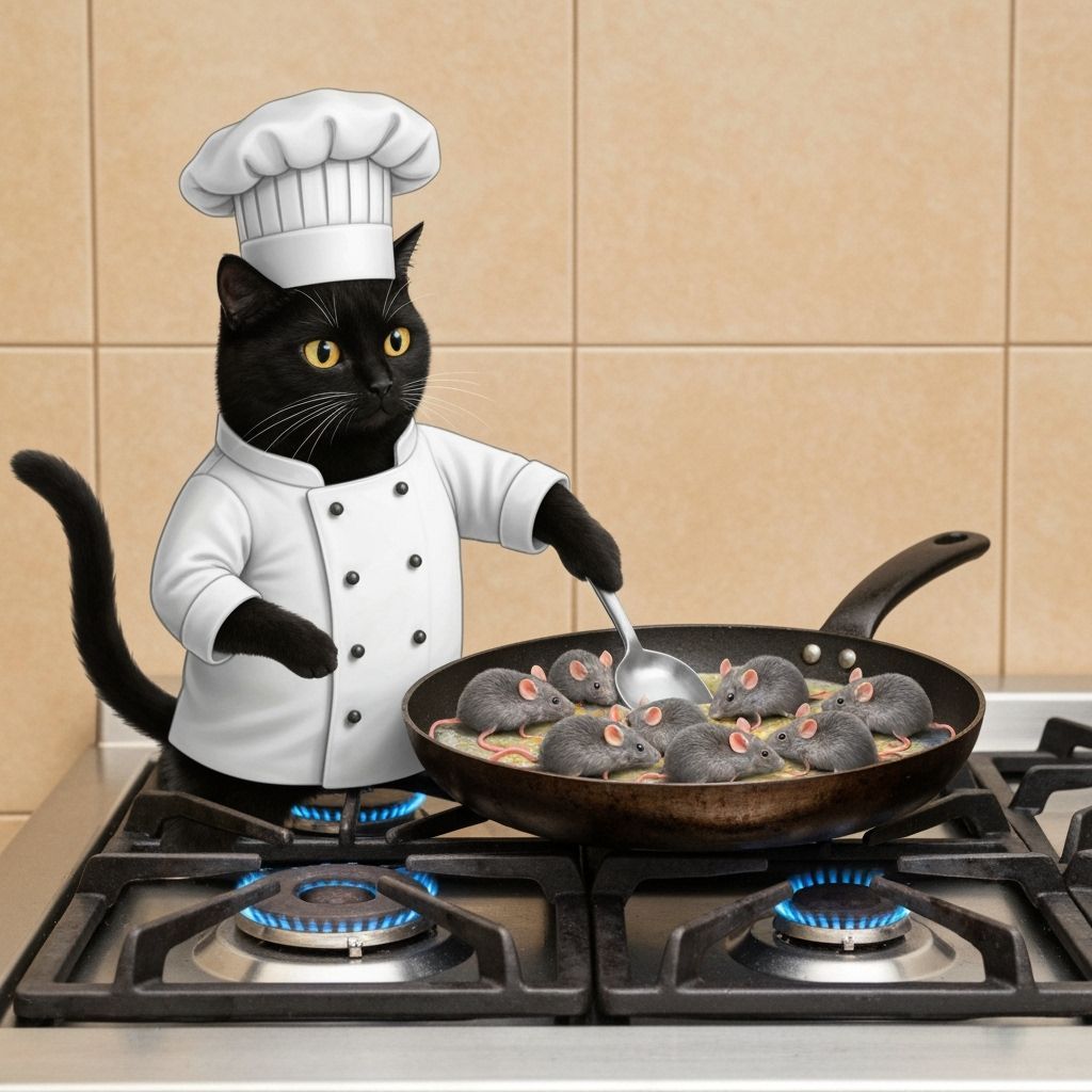 Black Cat Chef Cooking Mice in Frying Pan