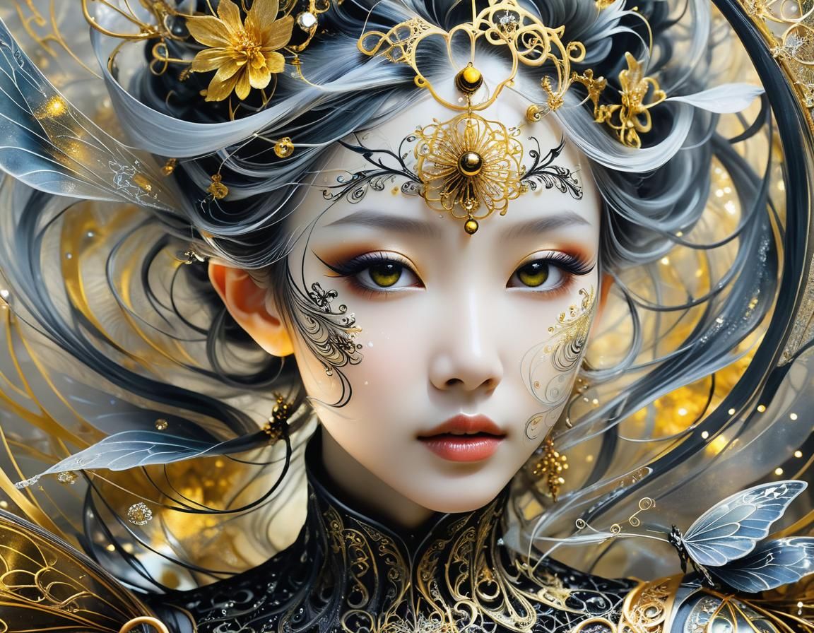 Gothic Goldenpunk Fairy in Surreal Spirograph Dreamscape