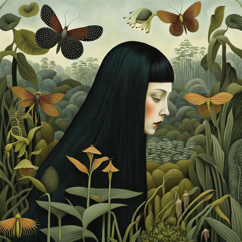 Eerie Encounters: Woman with Orchid in Digital Art