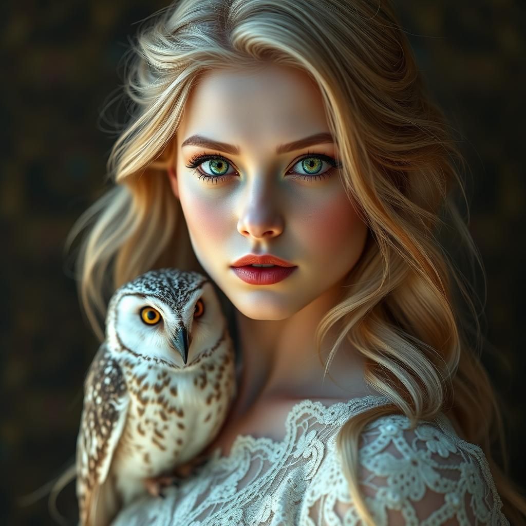 Ethereal Woman with Owl in Digital Art Style