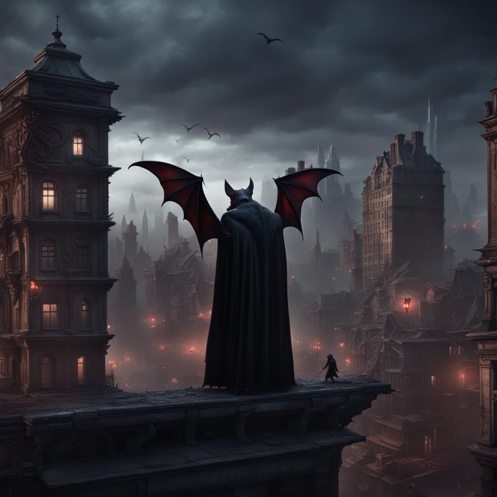 Dark Demon Vampire Bat Over Cityscape