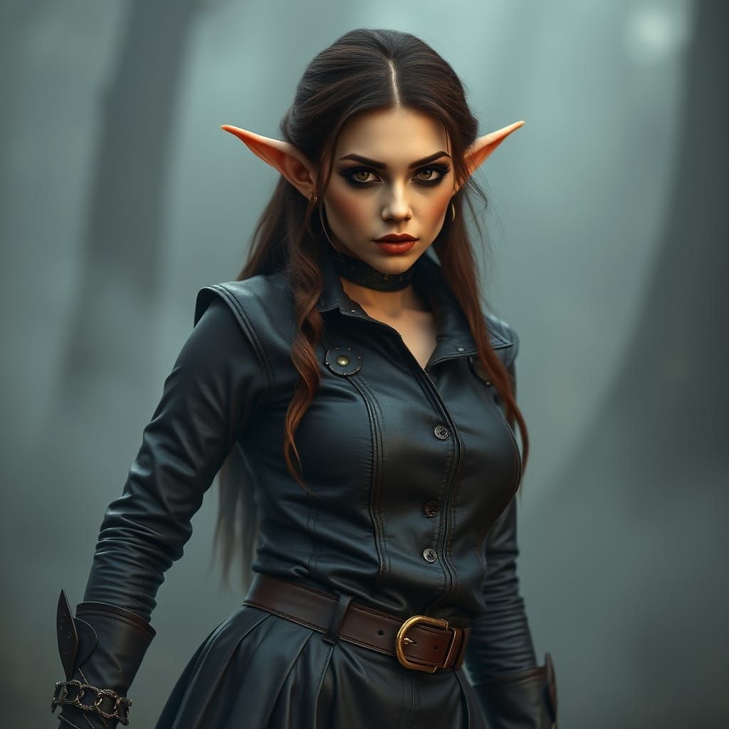 Gothic Steampunk Elf in a Stunning Leather Jumpsuit