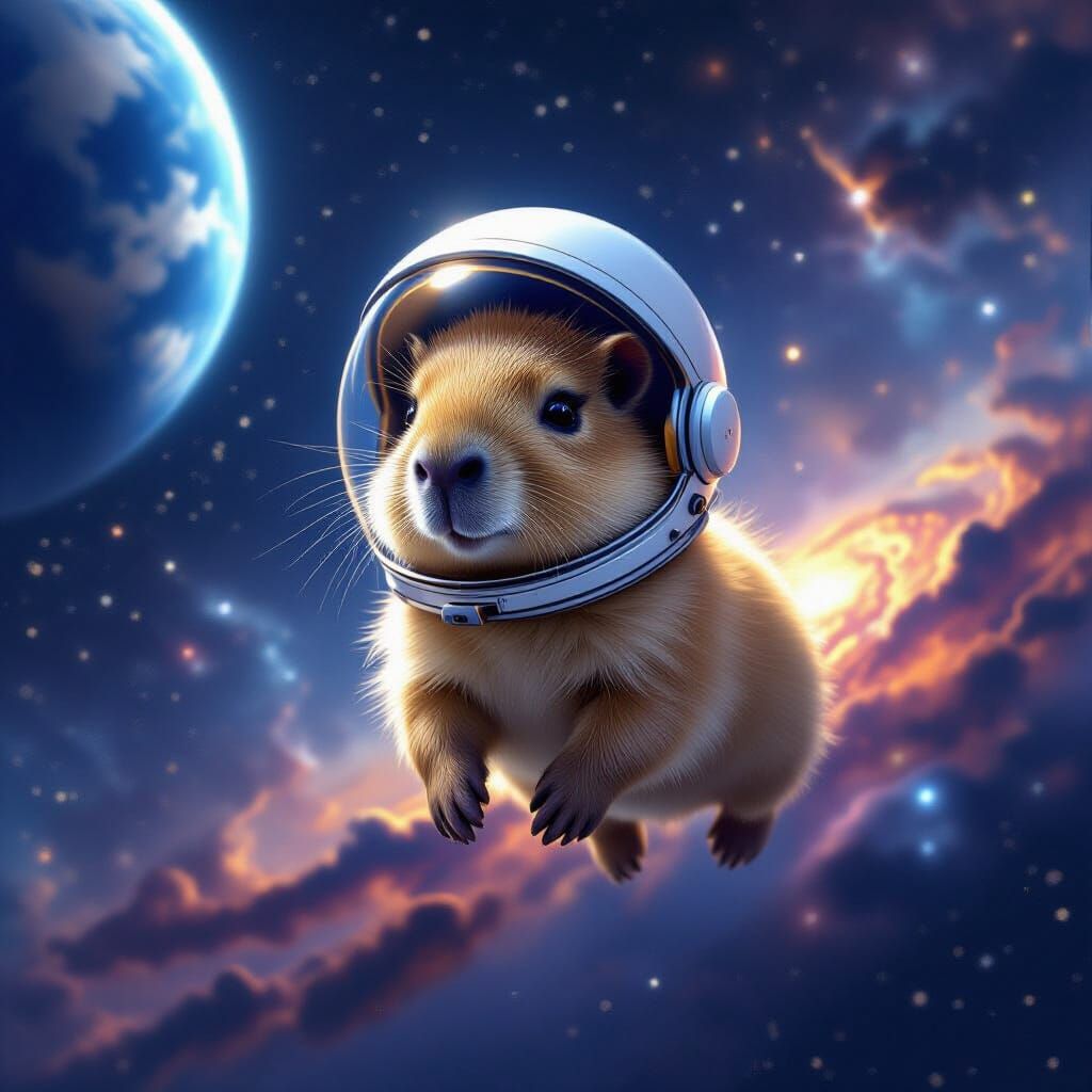 Baby Capybara Astronaut in Cosmic Nebula