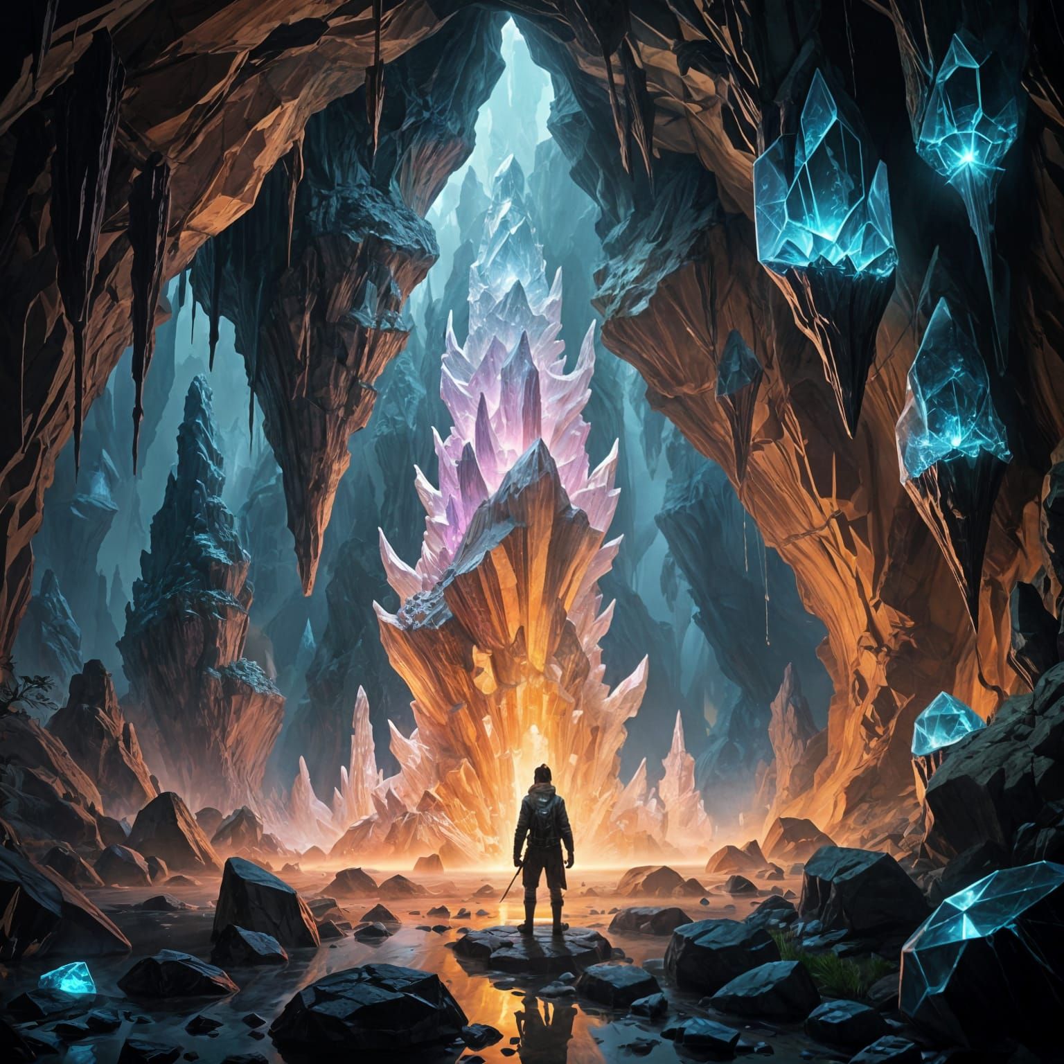 Explorer Gazing at a Glowing Crystal in Cave