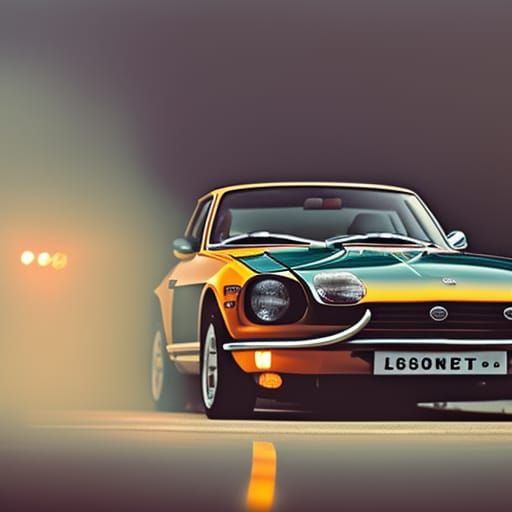 Orange Datsun 240Z on Building, Dramatic Angle