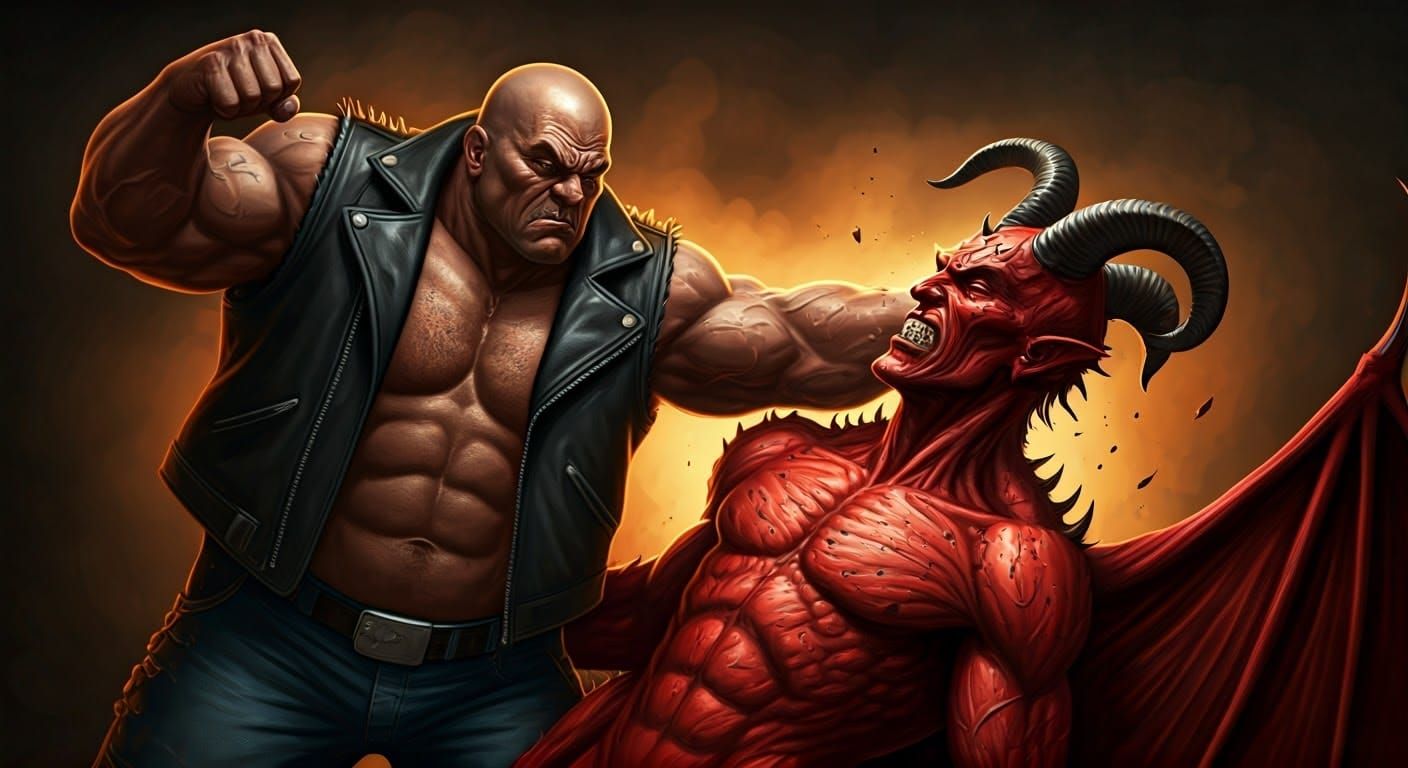 Heroic Figure Punches Horned Devil in the Face