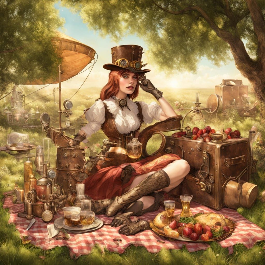 Steampunk Picnic in a Vibrant Sunny Setting