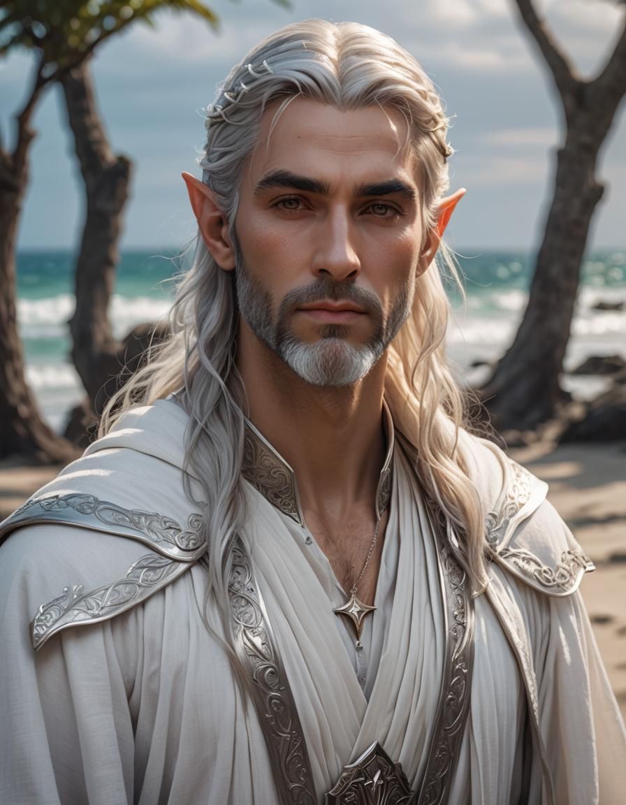 Silver-Haired Elf Portrait in Hyperdetailed Style