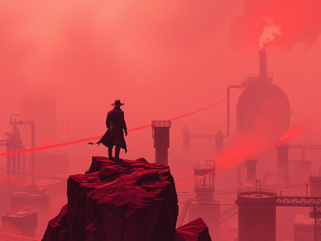 Red Cyberpunk Metropolis with Lone Figure