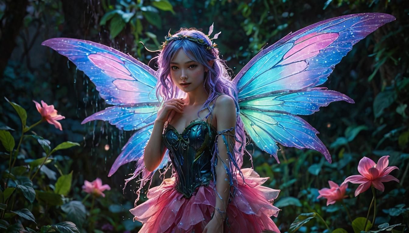 Iridescent Fairy in Mystical Garden, Fantasy Art
