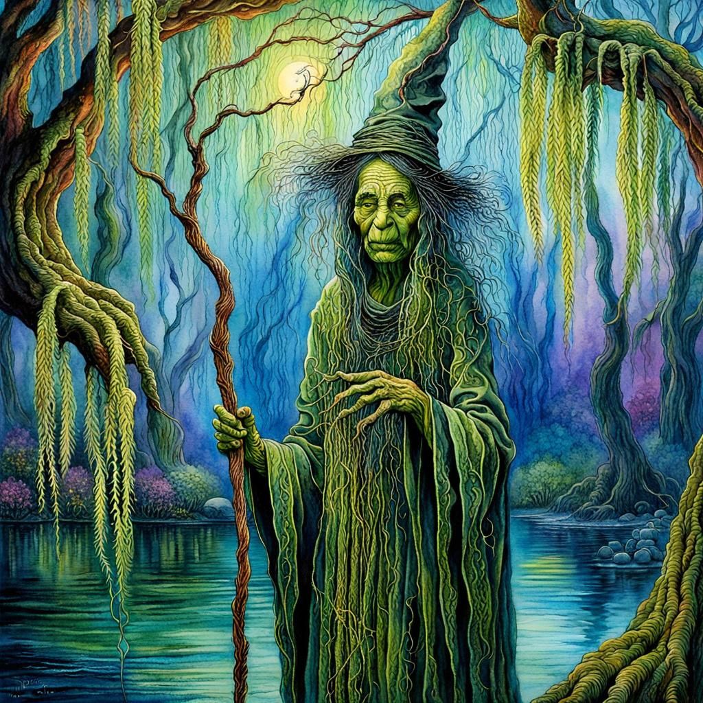 Wrathful Witch-Wraith with Wand in Watercolor Style