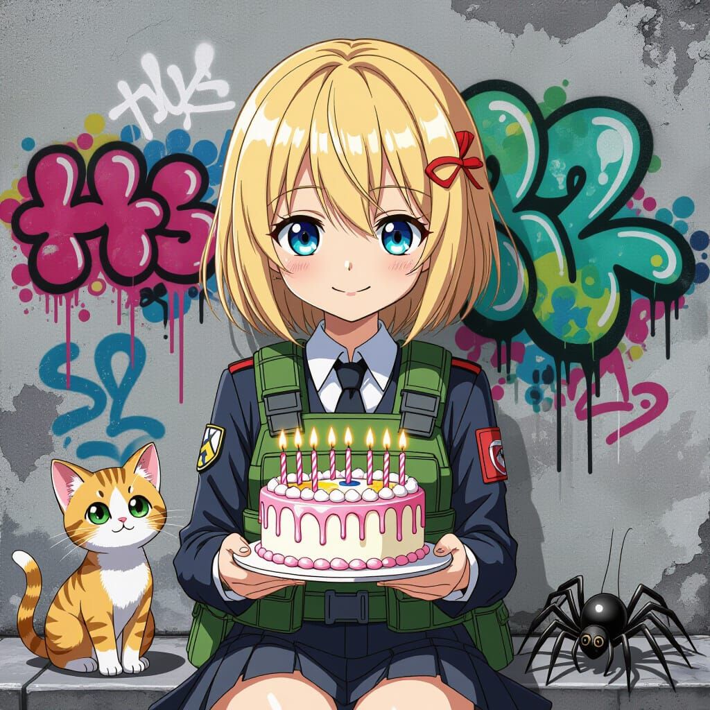 Anime Girl With Cake and Pets in Graffiti Style