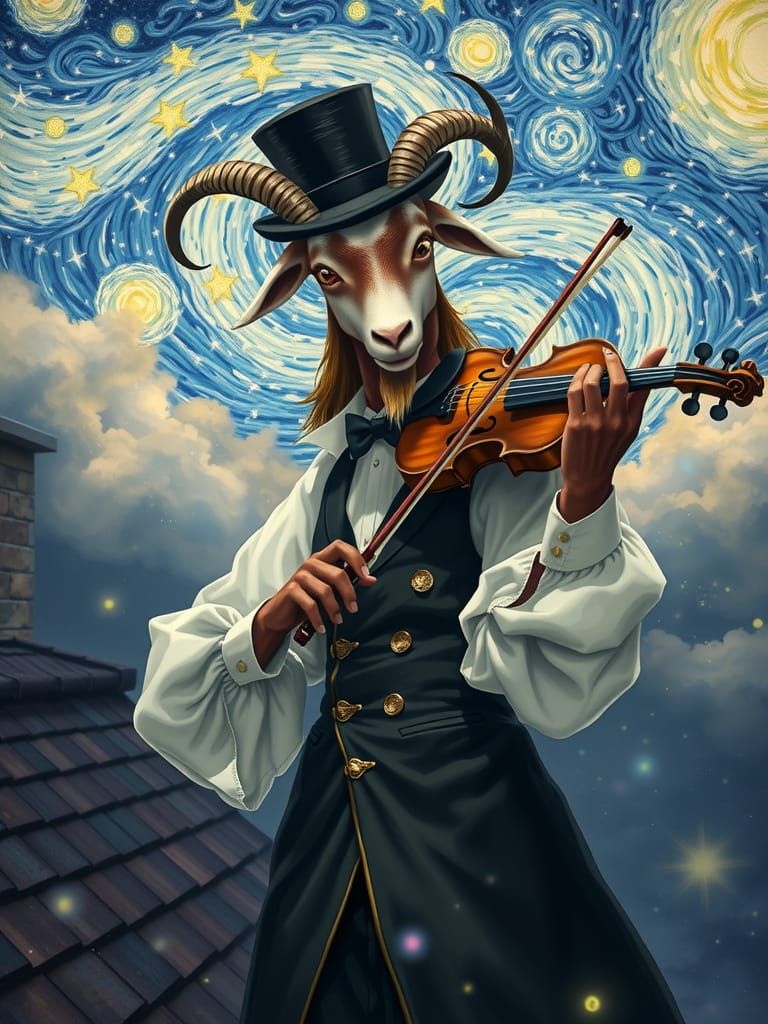Goat Jazz Violinist in Starry Night Dreamscape