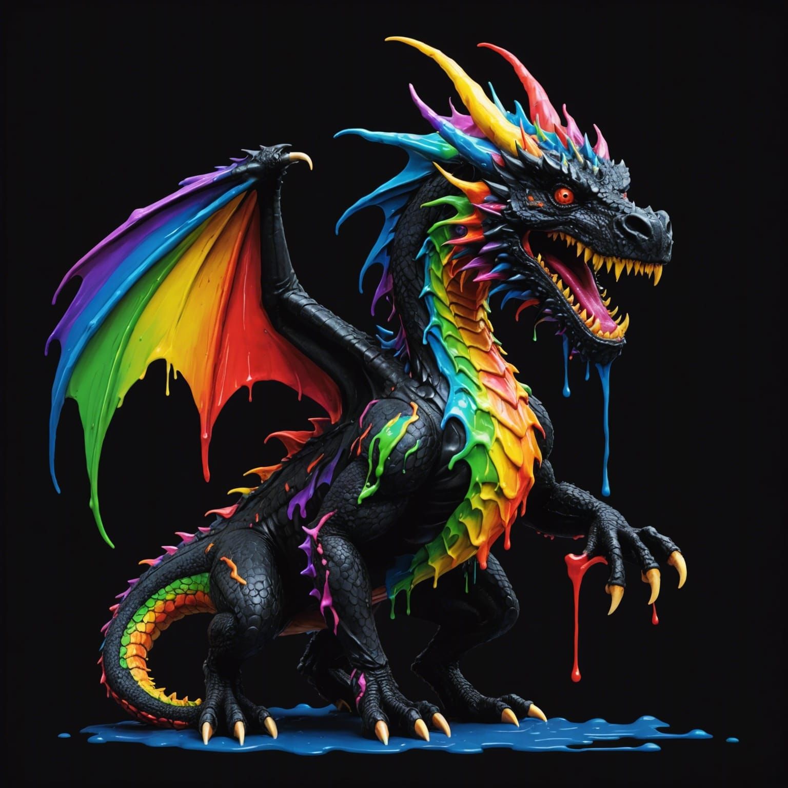Black Dragon Dripping Rainbow Paint on Black