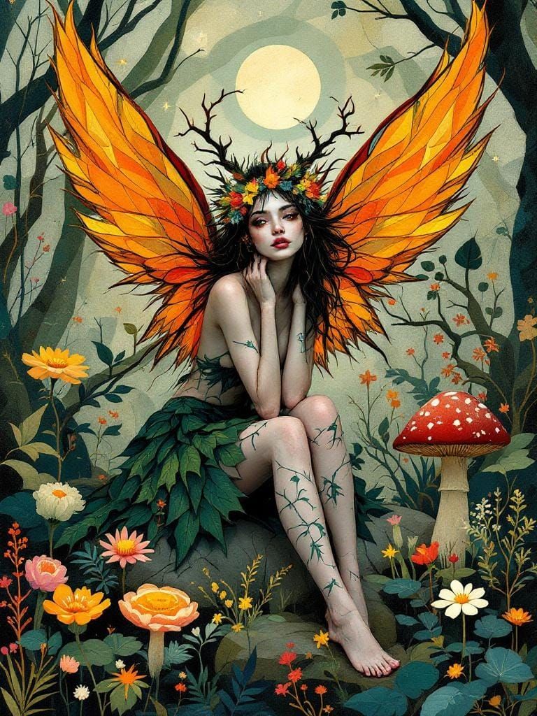 Fae with Fire Wings in Geometric Storybook Style