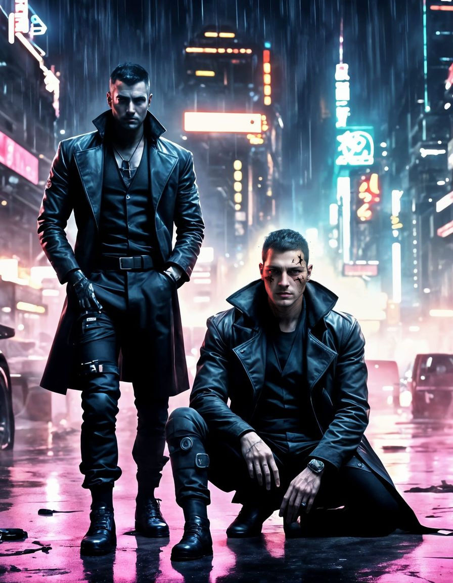 Cyberpunk Cyborg in Rain with Smug Look