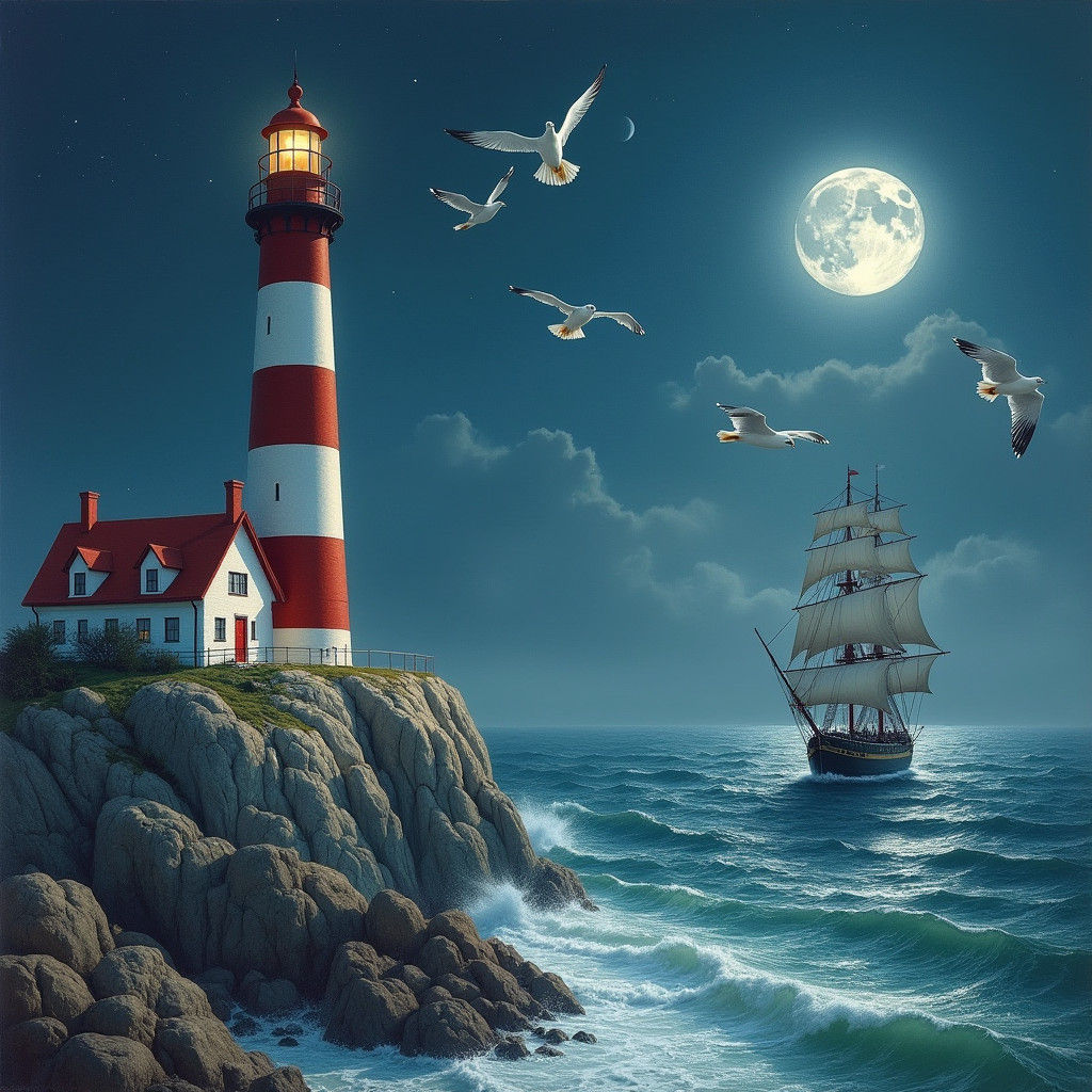 Lighthouse at Night with Moon and Ship