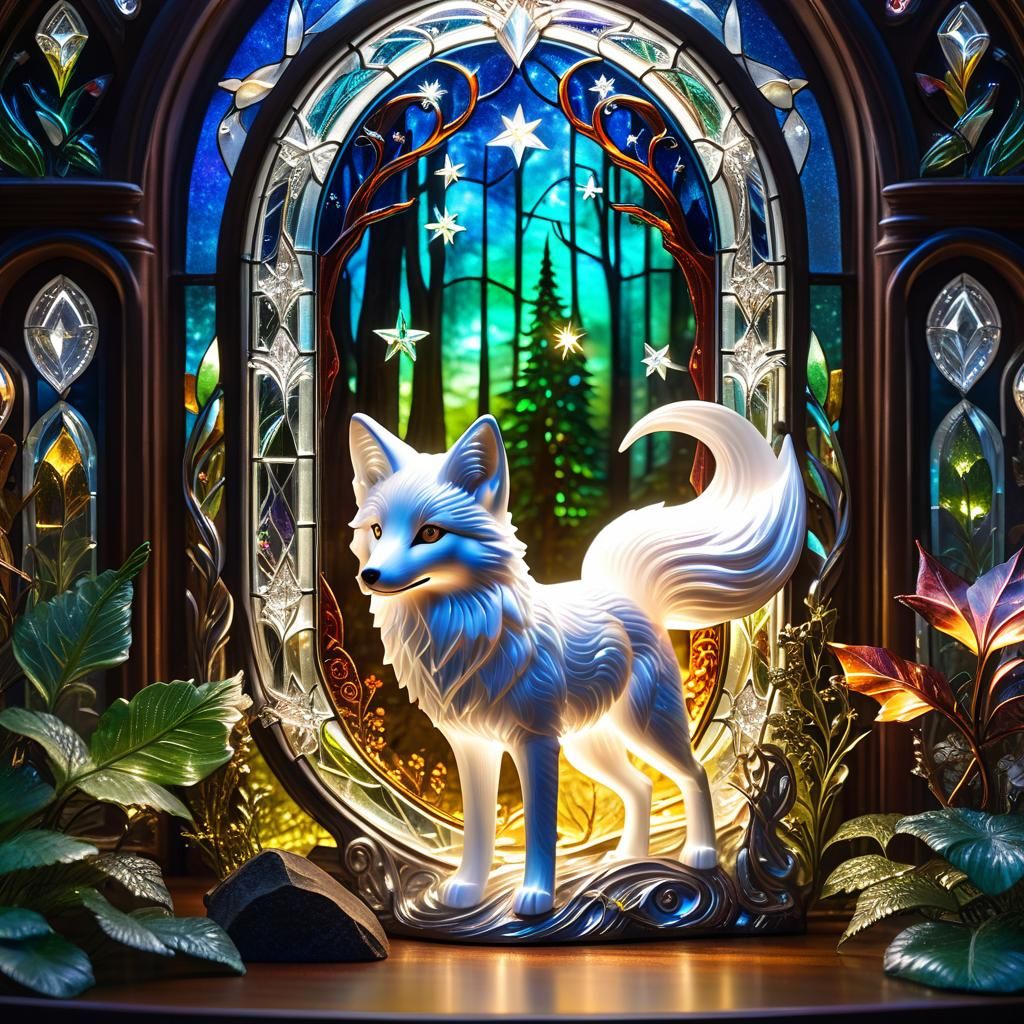 Enchanted Glass Fox in Art Deco Forest
