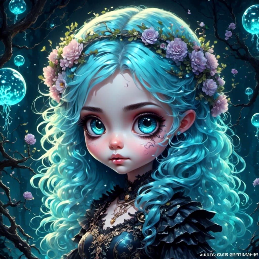 Bioluminescent Goth Girl: Chibi Fantasy Art