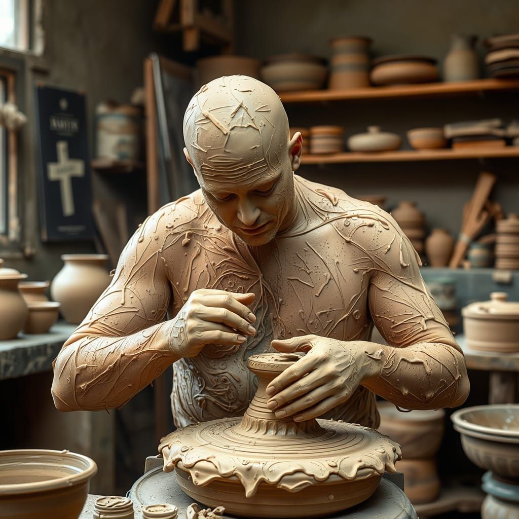 Person Covered in Clay in Impressionistic Style