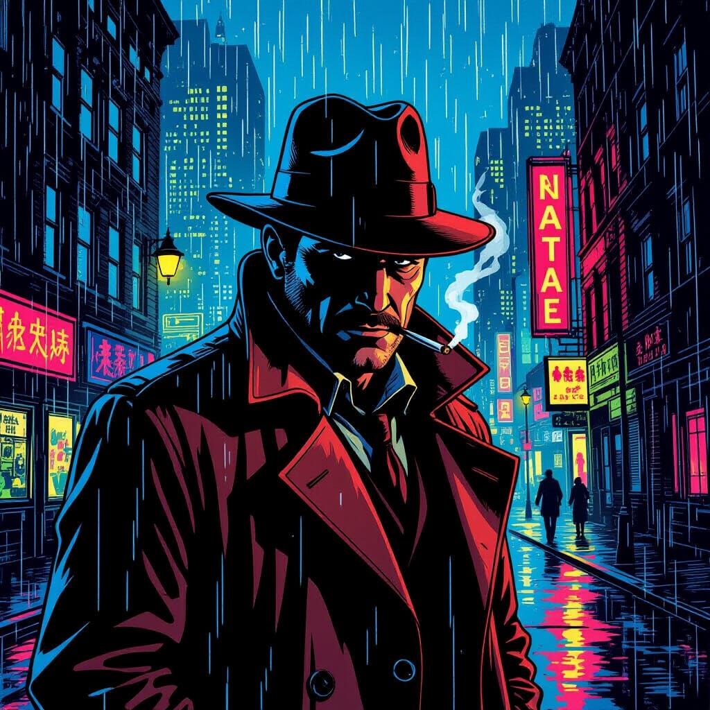 Detective in Rain-Soaked City, Comic Book Style