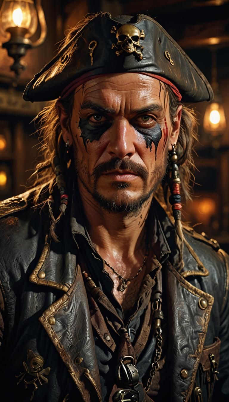 Hyperrealistic Pirate Portrait in Dim Tavern Lighting