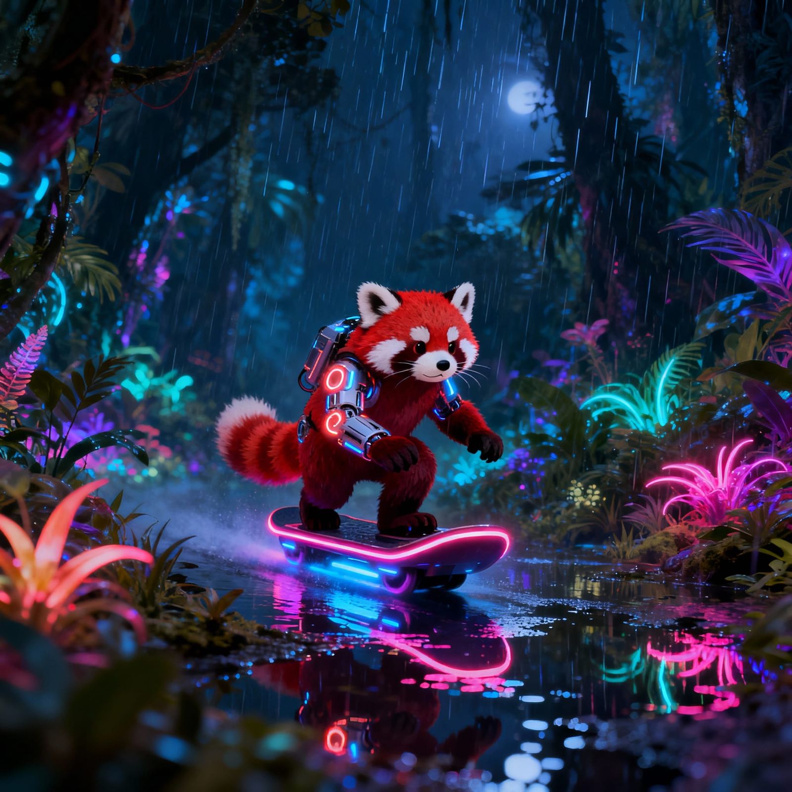 Red Panda Rides Hoverboard Through Bioluminescent Jungle
