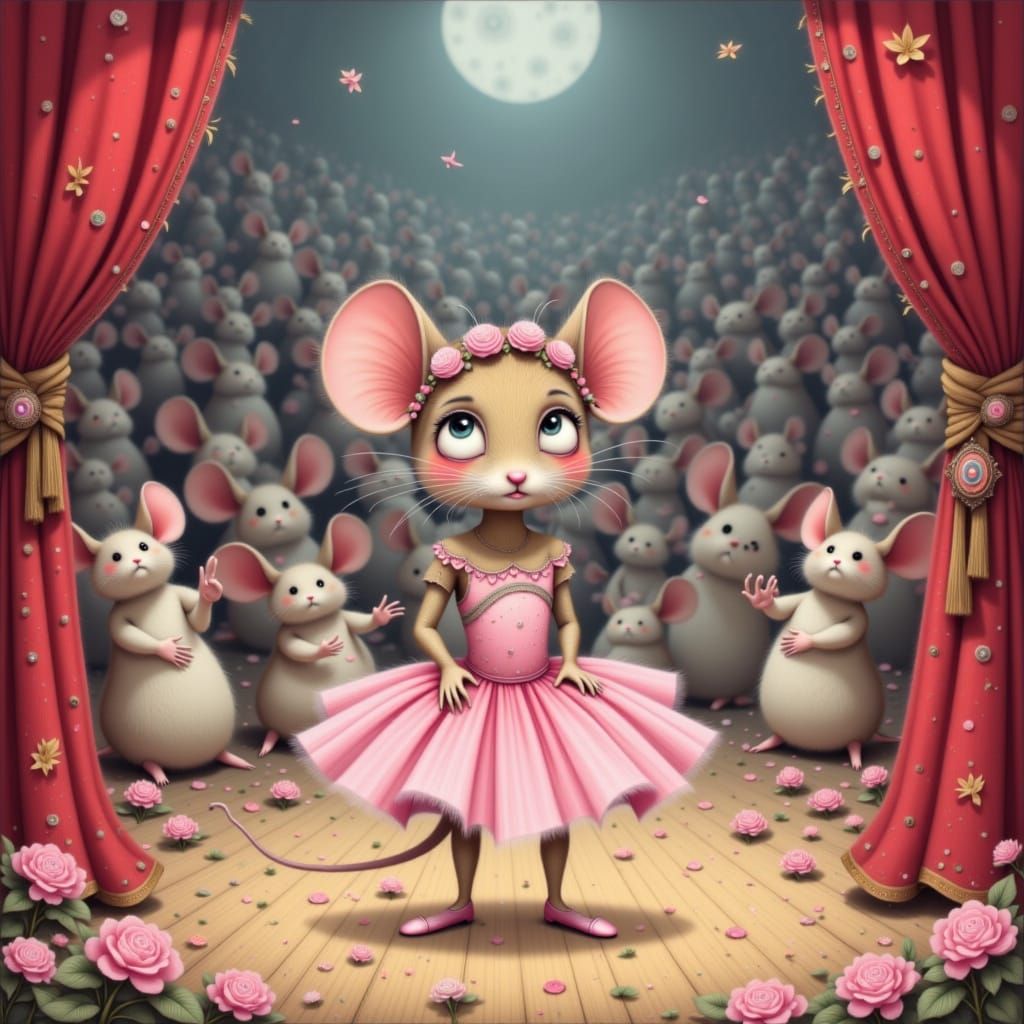Shy Mouse Ballerina on Stage, Whimsical Illustration