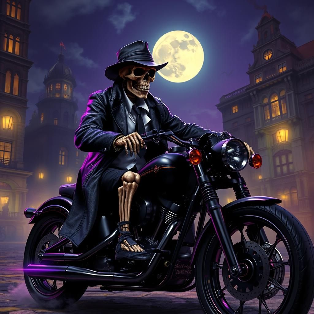 Gangster Skeleton on Harley in Art Nouveau Style