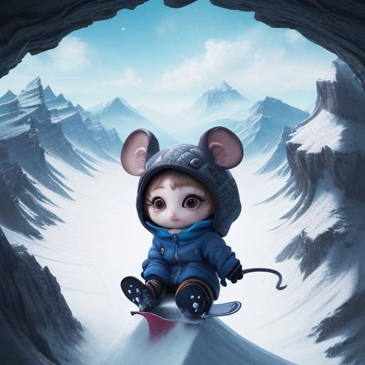 Chibi mouse snowboarding down a mountain, small, big eyes, k...