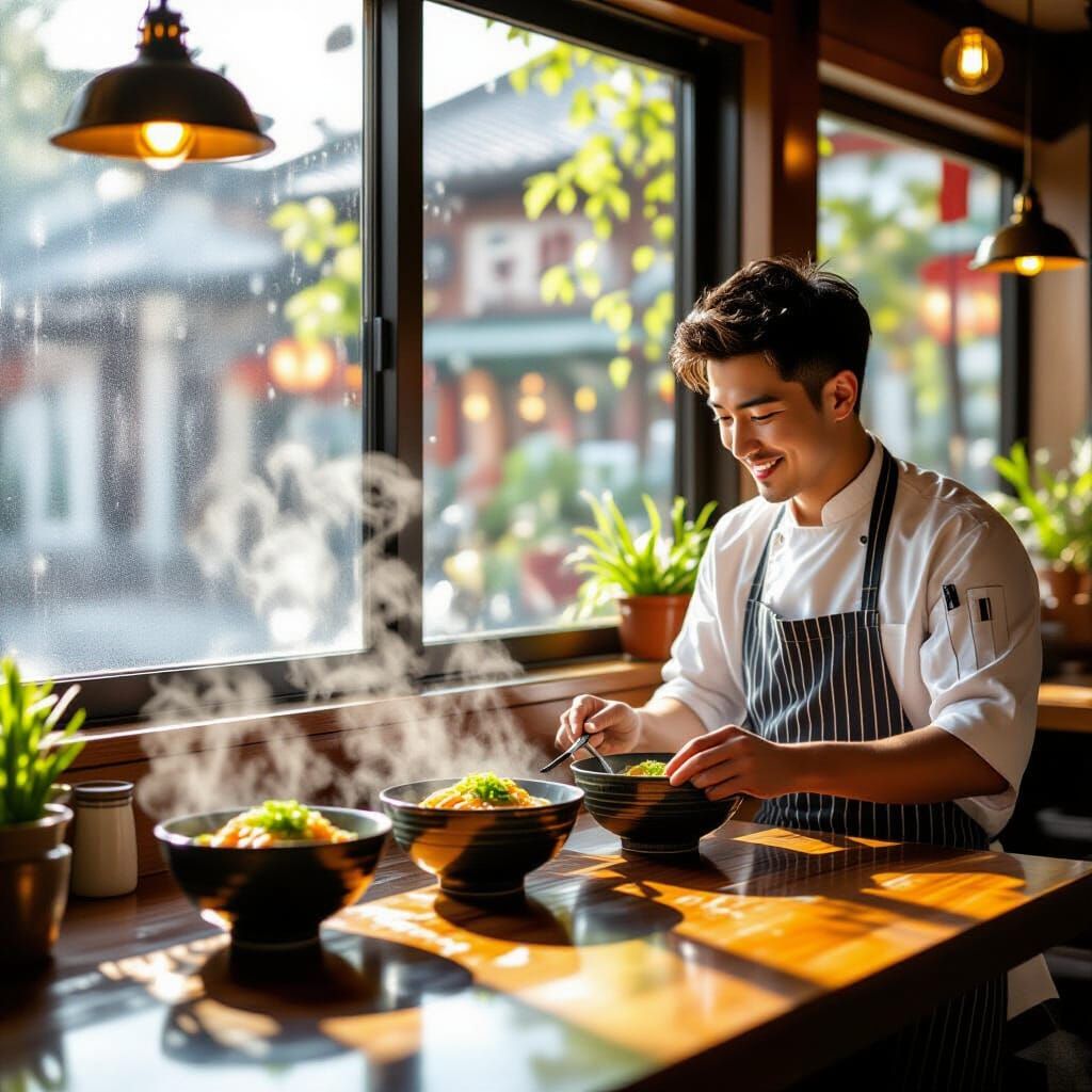 Ramen Bowls in Sunlight Through Rain-Specked Window