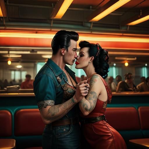Rockabilly Couple Kissing in Oldschool Diner