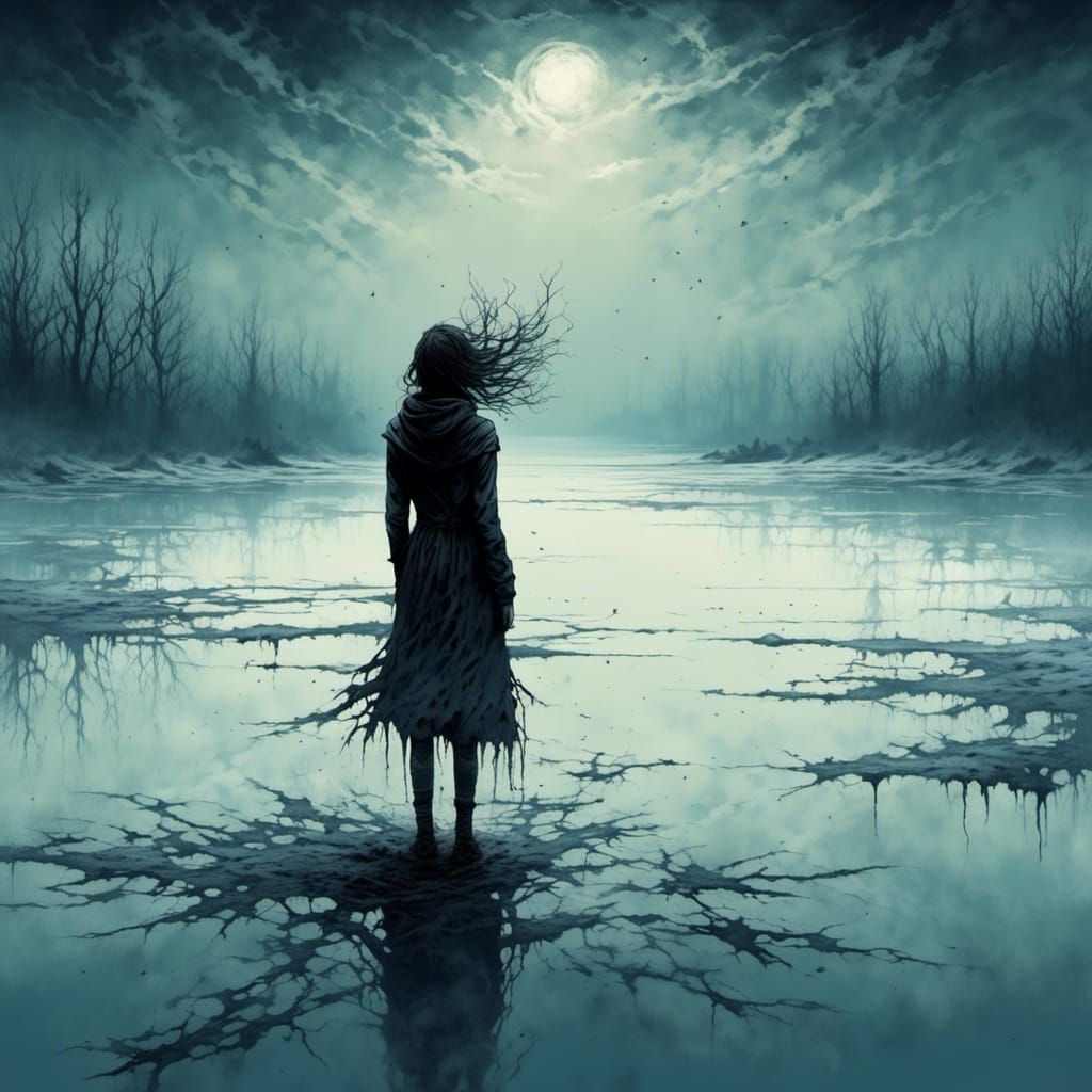 Eerie Winter Shadow on Frozen Lake Illustration