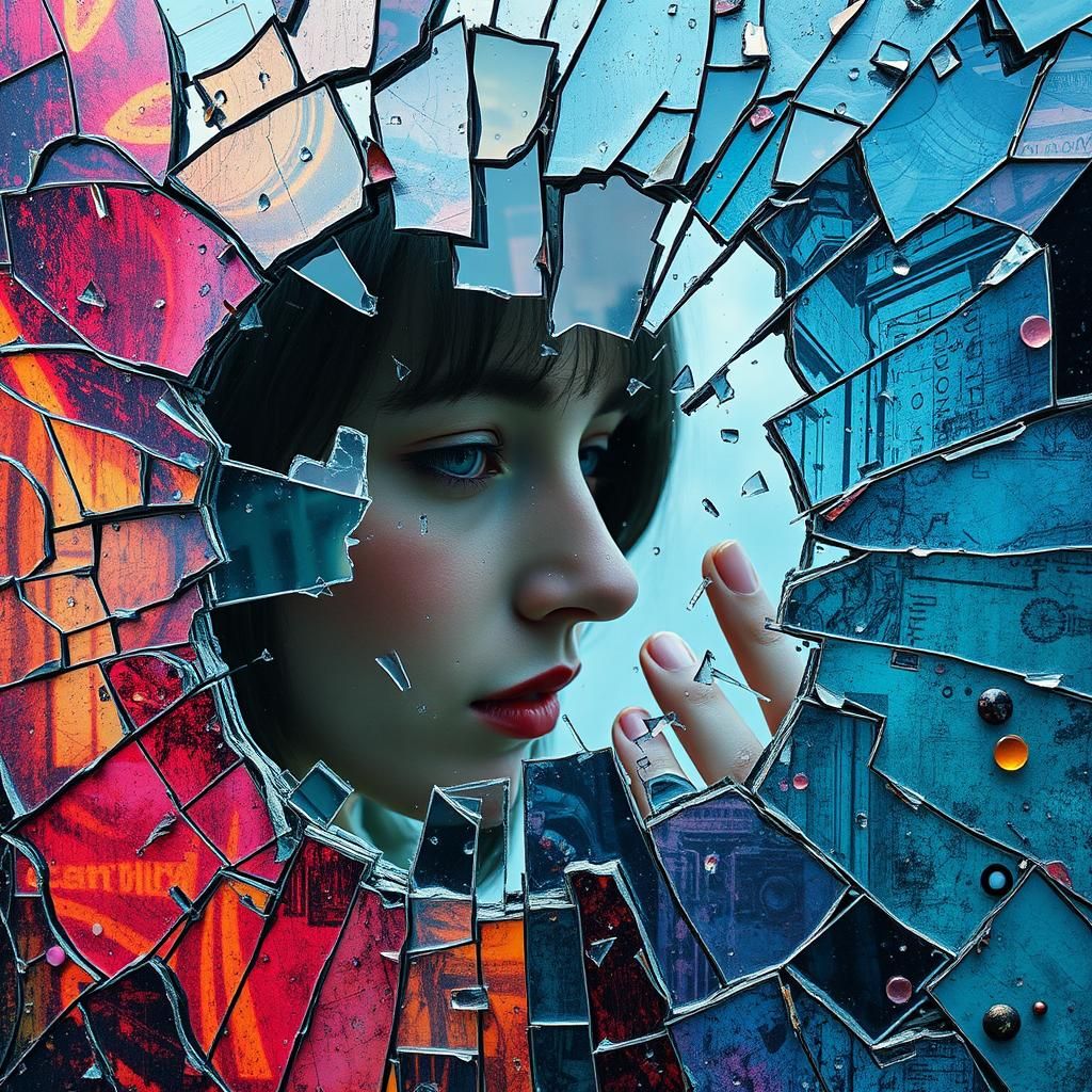Woman in Shattered Mirror: Cyberpunk Dreamscape