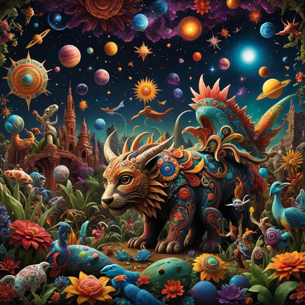 Hyperrealistic Universe: Galaxies, Humans, and Alebrijes