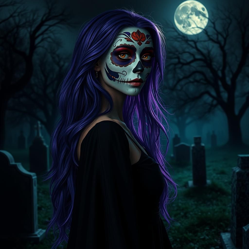 Sugar Skull Woman in Moonlit Graveyard